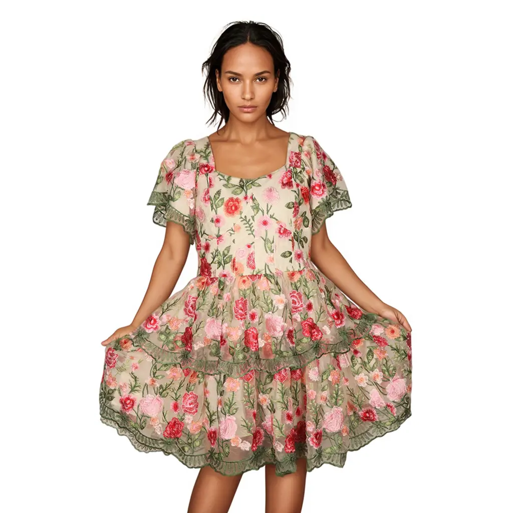 Print Sleeve Square Neck Open Back Lace Trim Tiered Ruffle Elegant Vintage Summer Garden Party Maxi Women Dress (2).jpg