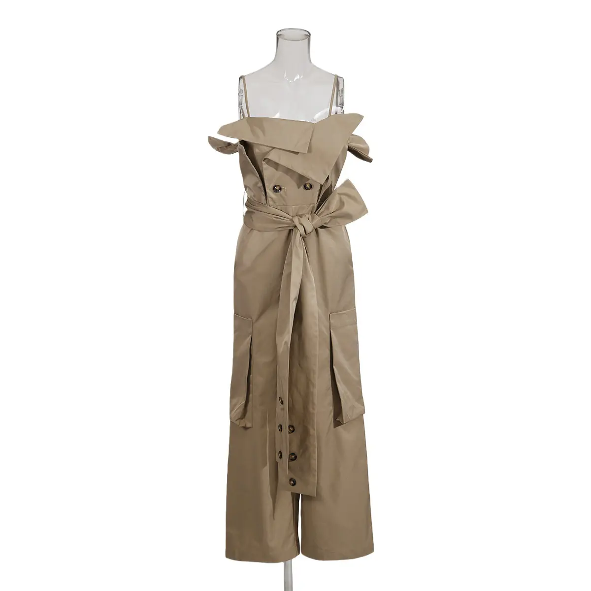 Khaki belted waist-cinching sleeveless jumpsuit with cargo pockets, new winter 2025 style, high-end women's trousers (2).jpg