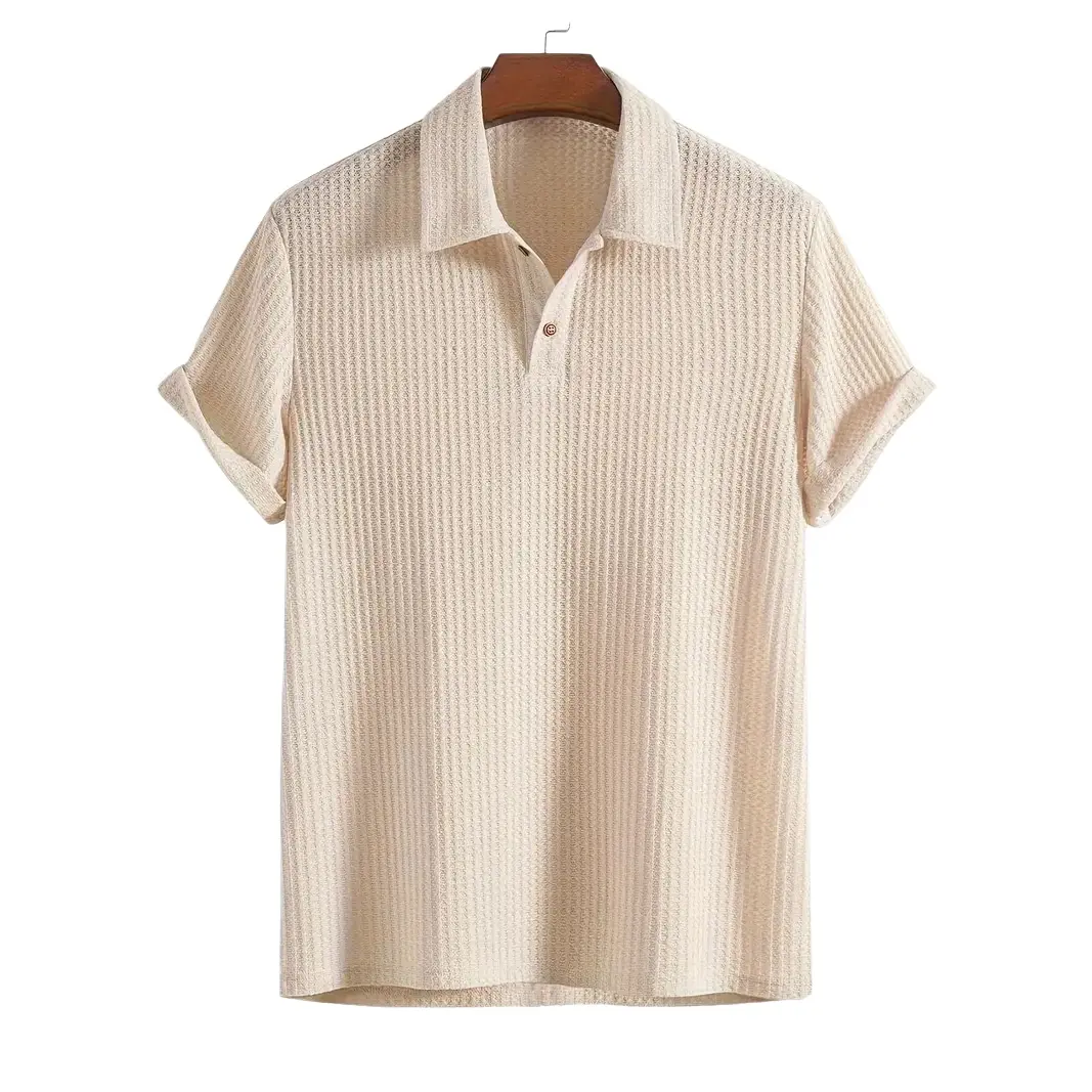 Summer Striped High-End Embroidery Short-Sleeve Men's for Shirt Polyester 230g Loose Fit