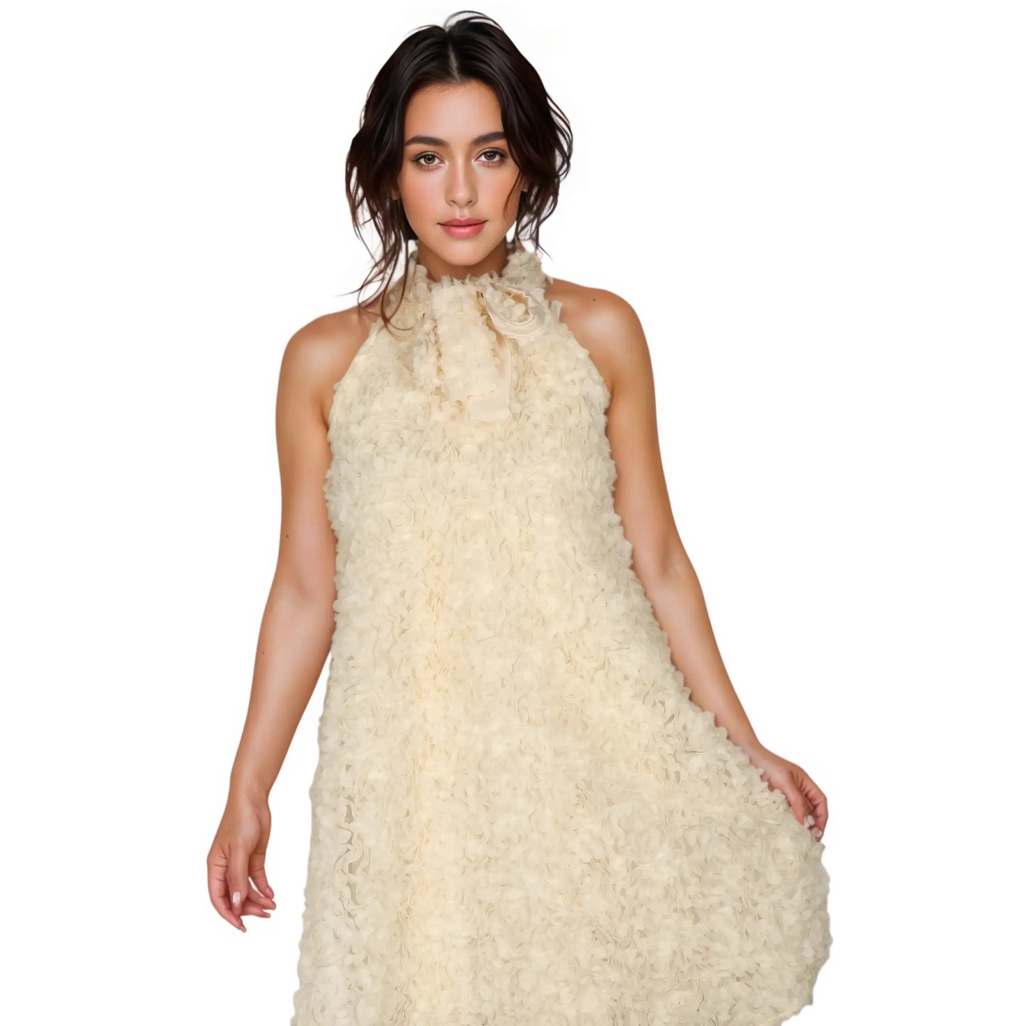 Customized High Quality A-Line Sleeveless Dress Feathery Textured Halter Neck Dress Women Mini Dress (2).jpg