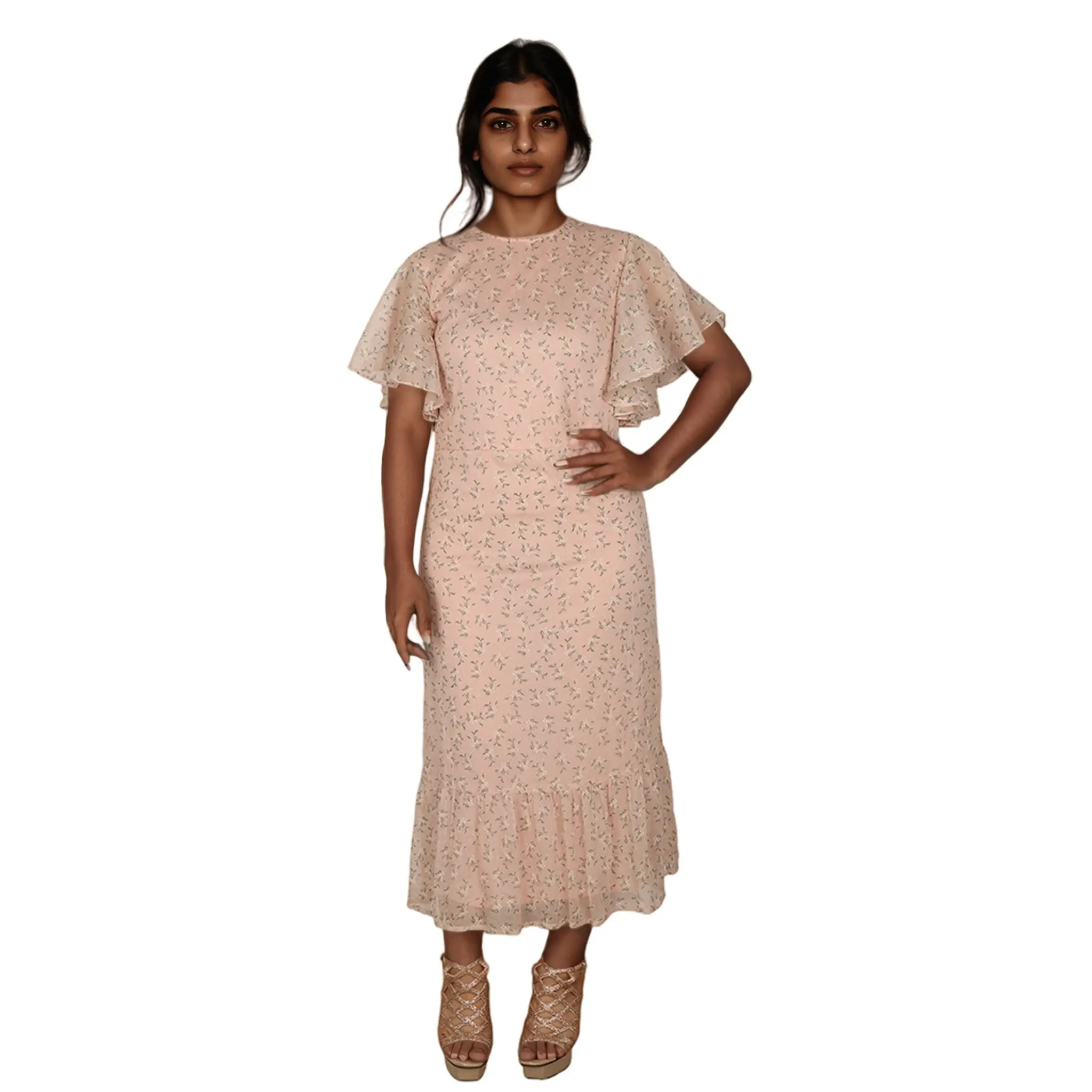 Floral Printed Square Collar Short Sleeve Button Front Natural Waist Classic Fit Women's Knee-Length Casual Dress Cotton Dress (1).jpg