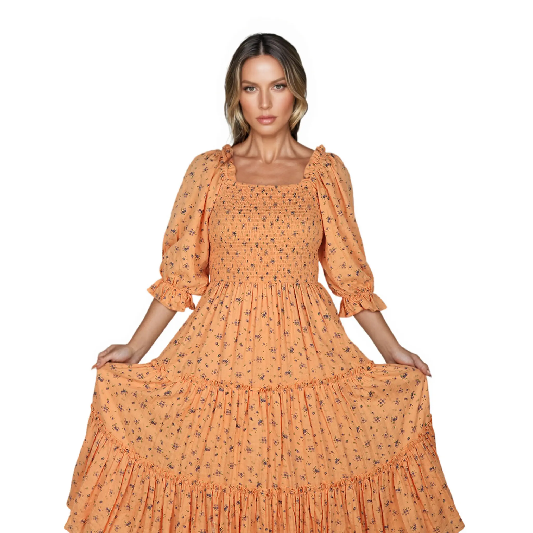 Floral Printed Square Collar Puff Short Sleeve Button Front Natural Waist Flowy Casual Women's Summer 100% Cotton Dress (2).jpg