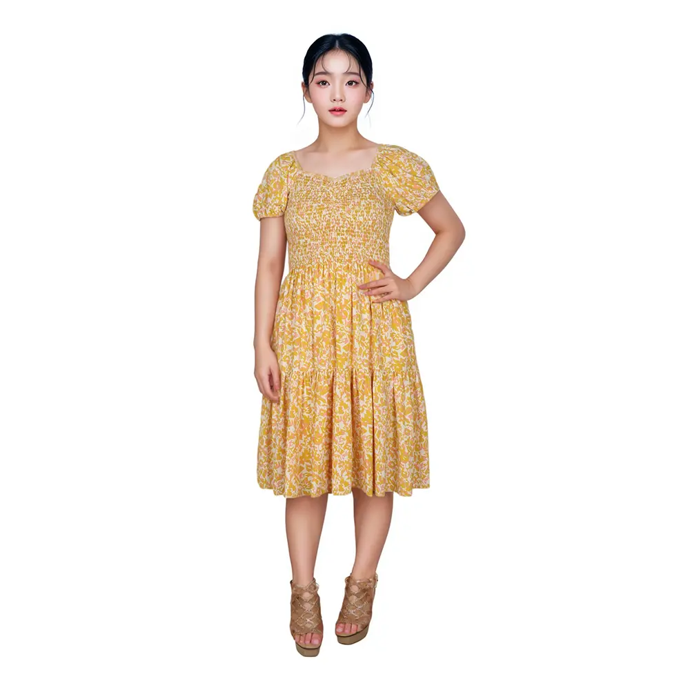 OEM Custom Yellow Color Floral Print Women Dress Wholesale Women's Loose Casual Cotton Linen Dress (1).jpg