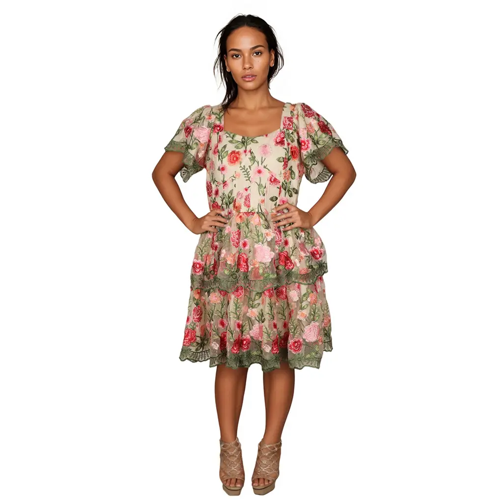 Print Sleeve Square Neck Open Back Lace Trim Tiered Ruffle Elegant Vintage Summer Garden Party Maxi Women Dress (1).jpg