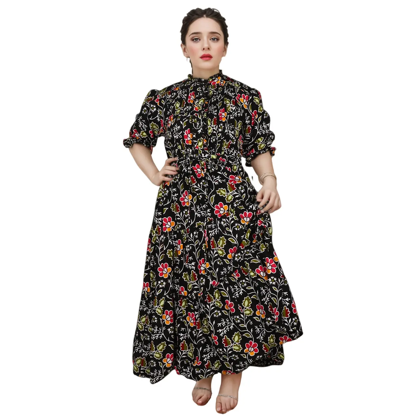 Elegant Autumn Floral Maxi Dress Machine Washable Twill Silk Satin Floor-Length Gown (1).jpg