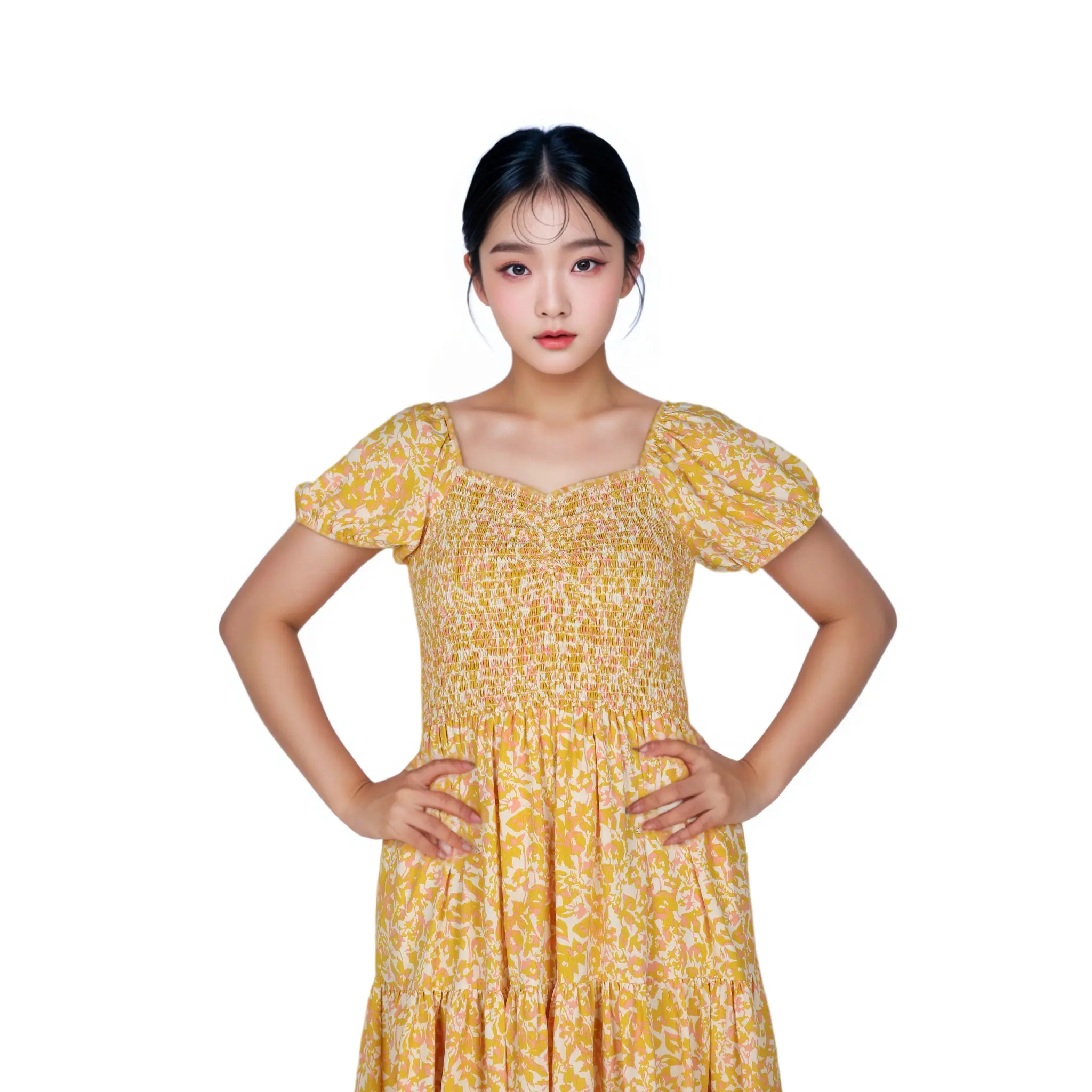 OEM Custom Yellow Color Floral Print Women Dress Wholesale Women's Loose Casual Cotton Linen Dress (2).jpg