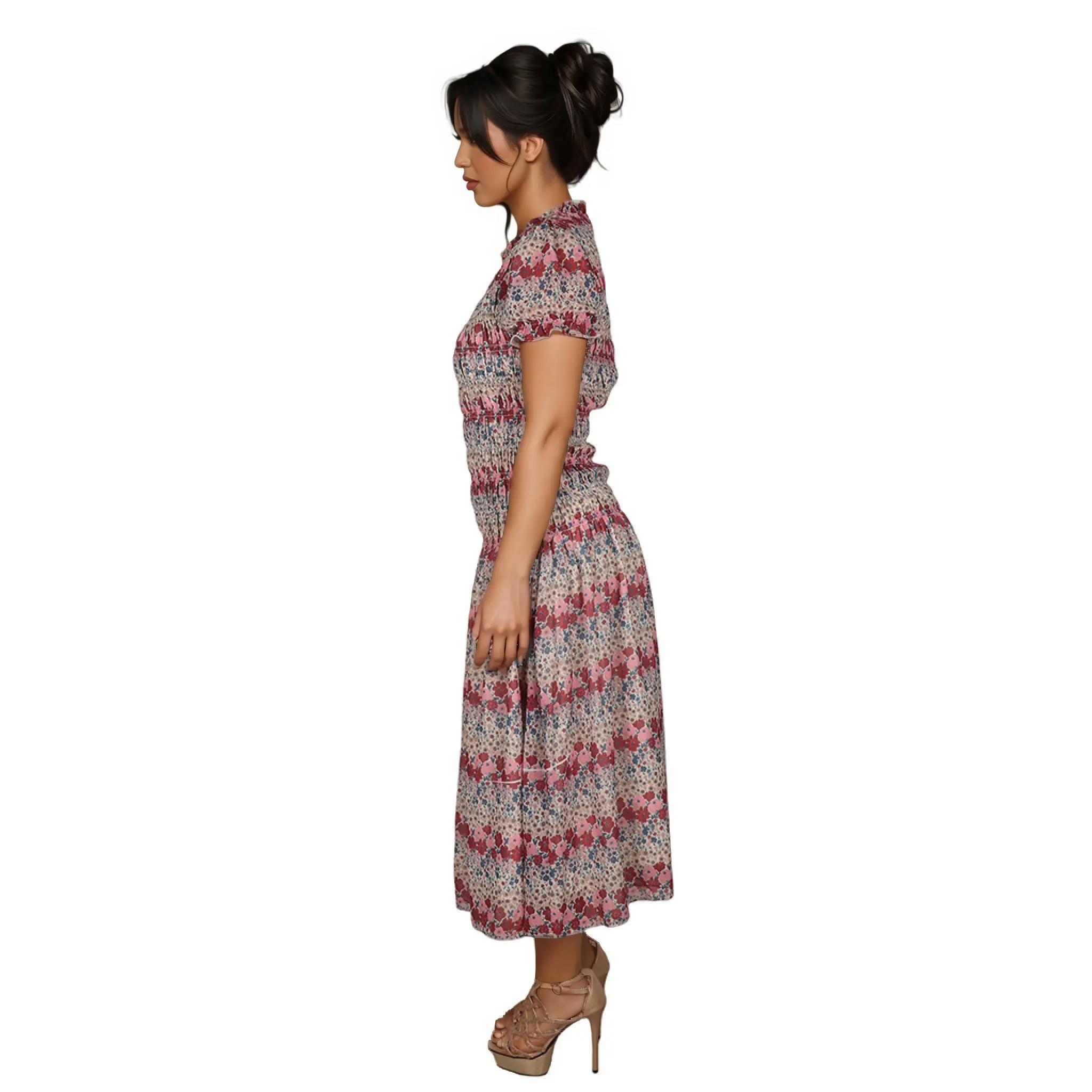 Floral Printed Square Collar Short Sleeve Button Front Natural Waist Classic Fit Women's Knee-Length Casual SpringAutumn (3).jpg