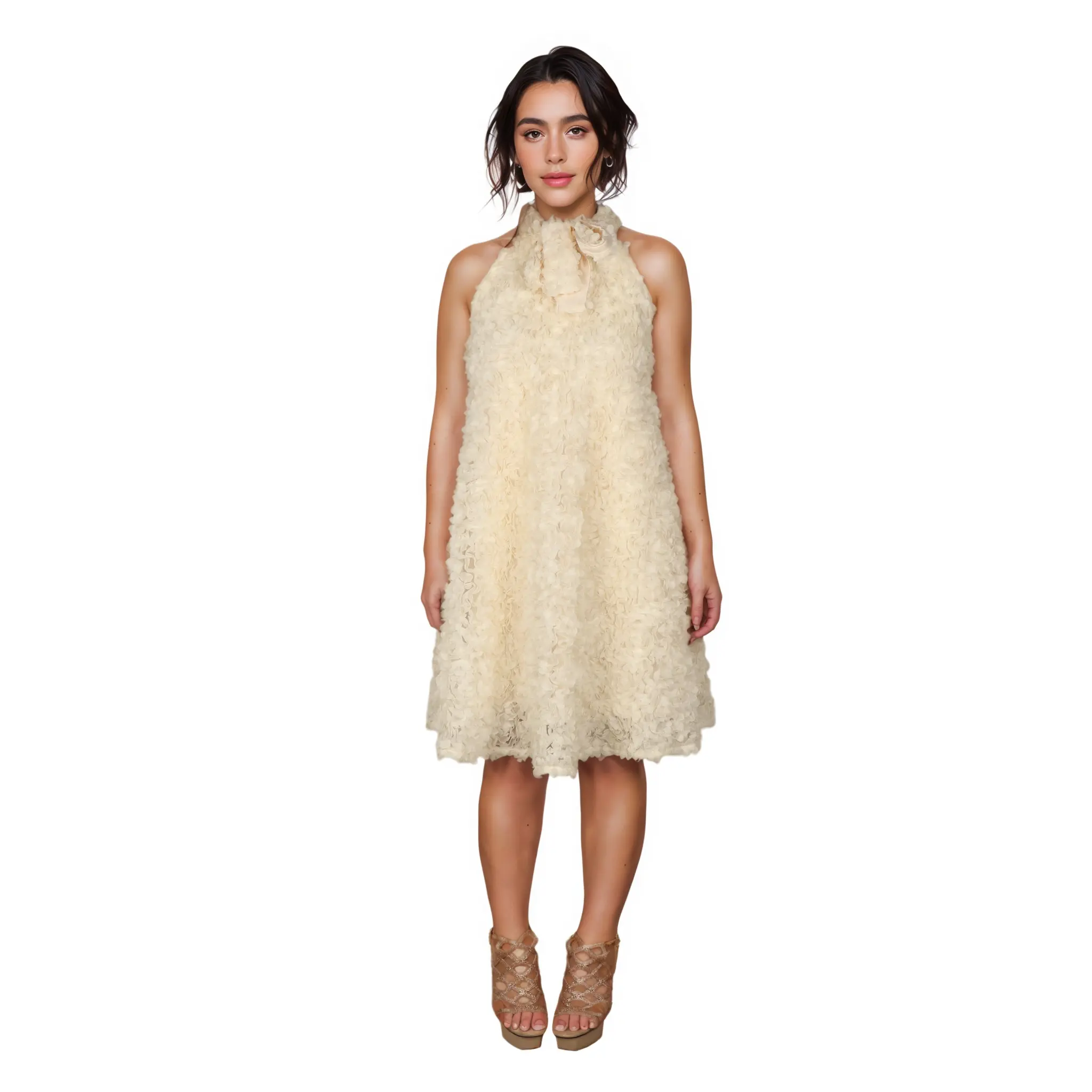 Customized High Quality A-Line Sleeveless Dress Feathery Textured Halter Neck Dress Women Mini Dress (1).jpg