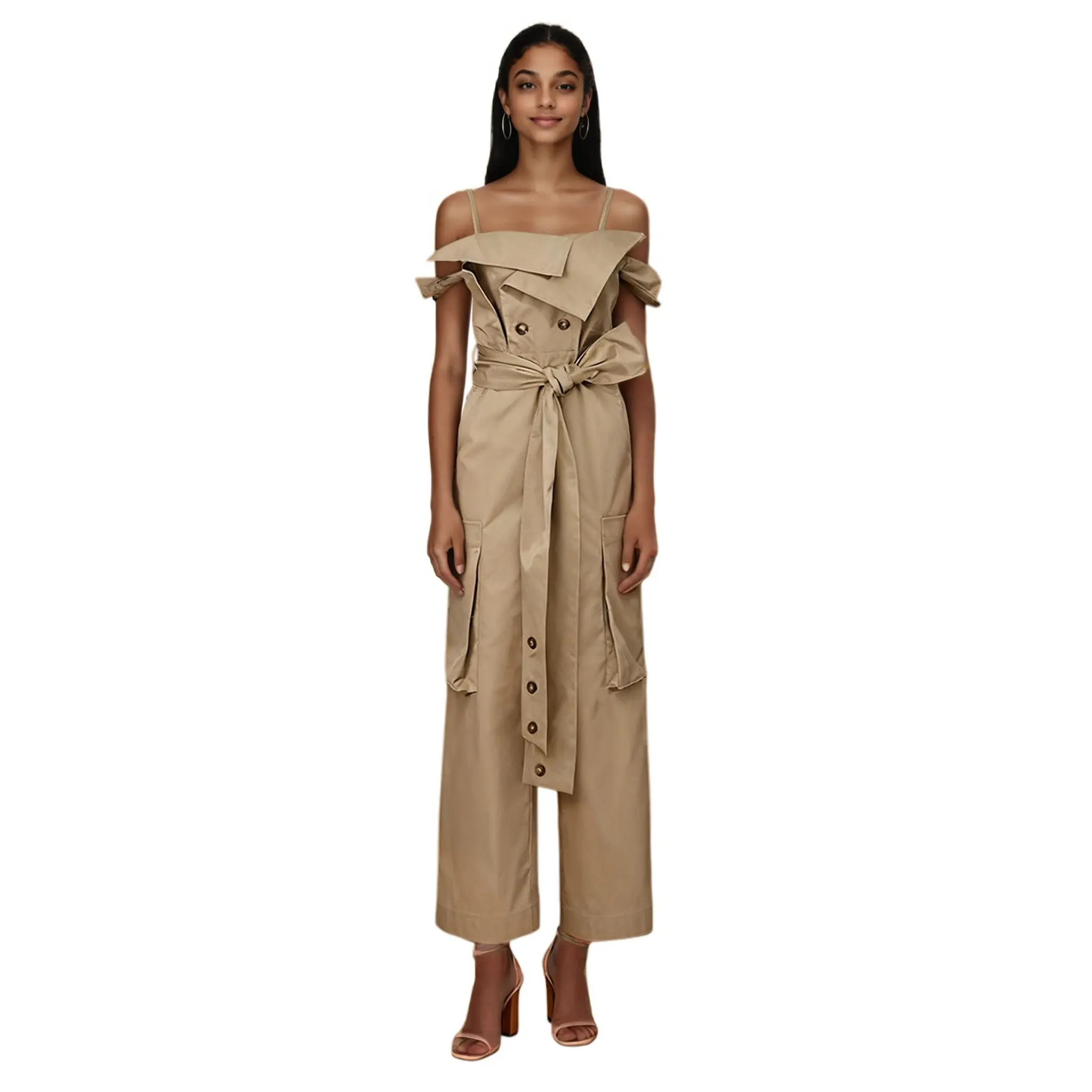 Khaki belted waist-cinching sleeveless jumpsuit with cargo pockets, new winter 2025 style, high-end women's trousers (1).jpg