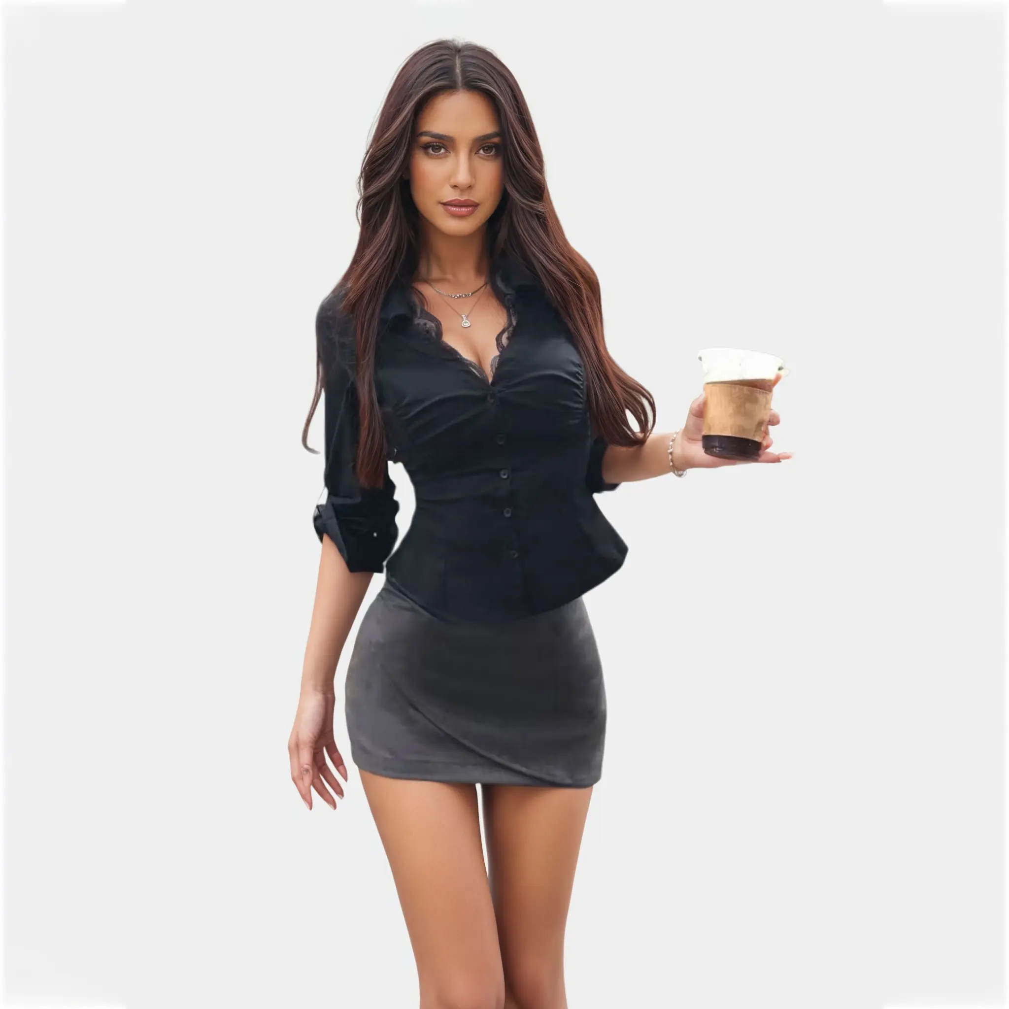 Black lace pure desire long sleeved shirt for women in autumn 2025, with a niche design and waist cinching top (1).jpg